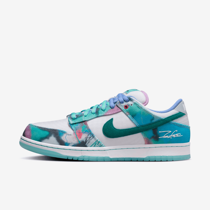 Futura Laboratories x Nike SB Dunk Low White and Geode Teal