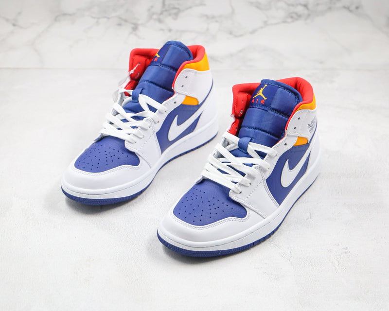 Jordan 1 Mid White Laser Orange Deep Royal Blue